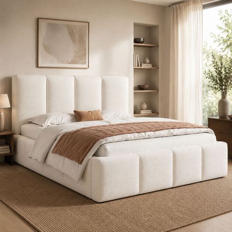 Lit Double Rembourré 180x200 cm en Bouclé Beige, Tête de Lit Épaisse 11 cm, Bords Arrondis, Sommier à Lattes, Jusqu'à 300 kg (1/5)