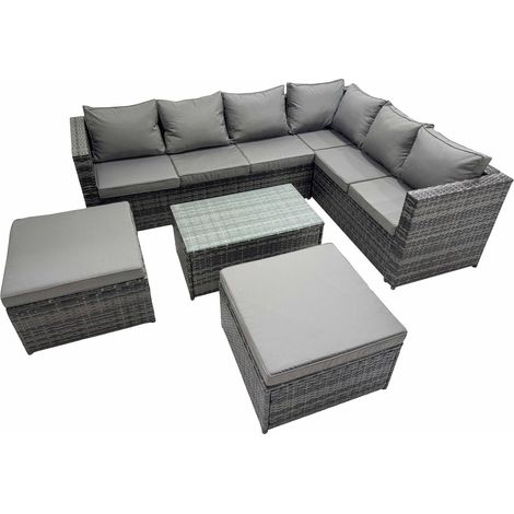 Fimous Outdoor Sofa Oblong Coffee Table Set Rattan Garden Furniture Set with 2 Big Stools Dark Grey Mixed (1/5)