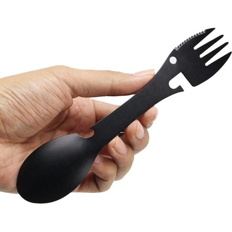 Ouvre-bouteille multifonction en acier inoxydable avec fourchette et cuillère - étui portable, idéal pour le camping, les voyages, la randonnée et les activités de plein air (304 noir) (1/5)