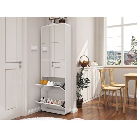 Meuble à chaussures en MDF blanc avec miroir pleine longueur, 5 abattants, H 176 cm (1/5)