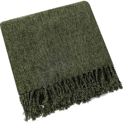 – Plaid en chenille douce 127 x 152 cm – Style bohème vert olive – Lavable en machine – Confort optimal pour canapé ou lit (1/5)