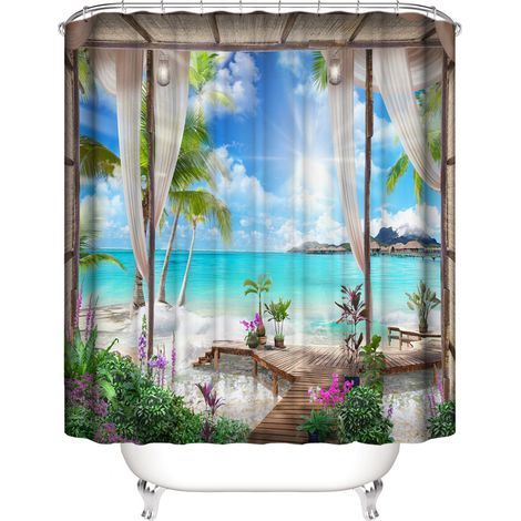 Rideau de douche avec vue sur la mer, 180 x 180 cm, rideau de douche tropical