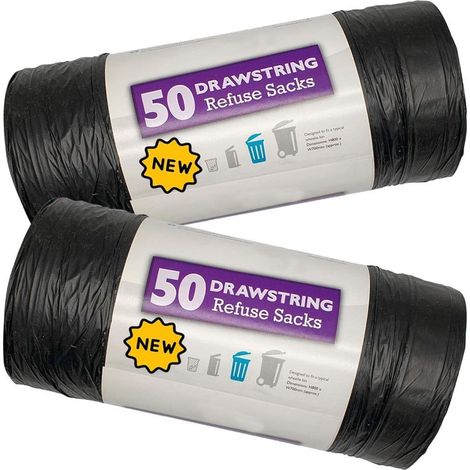 100 x Drawstring Refuse Bags 120L Bin Liners Easy Tie Top Handle For Dustbins