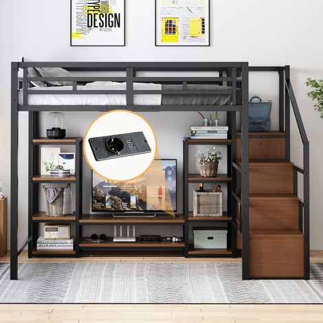 Lit mezzanine 140x200 avec meuble TV, prise électrique et échelle de sécurité, structure robuste en métal et bois, design moderne et gain de place, lit superposé enfant avec rangements pratiques, noir (1/5)