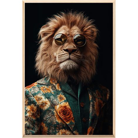 Tableau mural encadré lion stylé 80x120 cm - Tableau Mural Décoratif - Image Encadrée Imprimée en HD - Impression 80x120 cm sur Fibres de Bois FSC - Finition Mate - Fabriqué en France