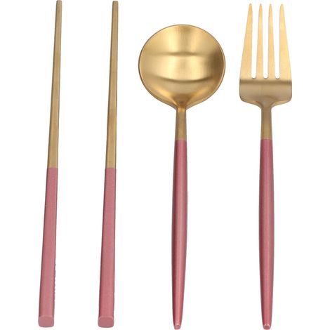 Ensemble de 3 ustensiles de voyage portables en acier inoxydable (cuillère, fourchette et baguettes) pour l'école, rose doré (boîte de rangement rose) (1/5)