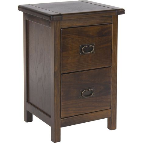 Dark Wood Bedside Cabinet Solid Pine 2 Drawer Side Table Nightstand Metal Handle (1/4)