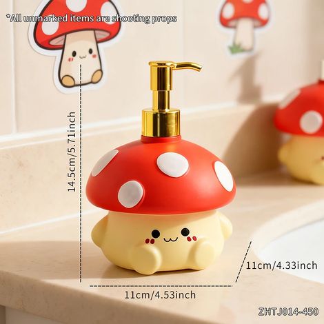 (Zhtj014-450-450 ml) Flacon distributeur à pression en forme de champignon à pois rouges kawaii pour savon et lotion - Décoration pour salle de bain, cuisine, bureau et maison (1/5)