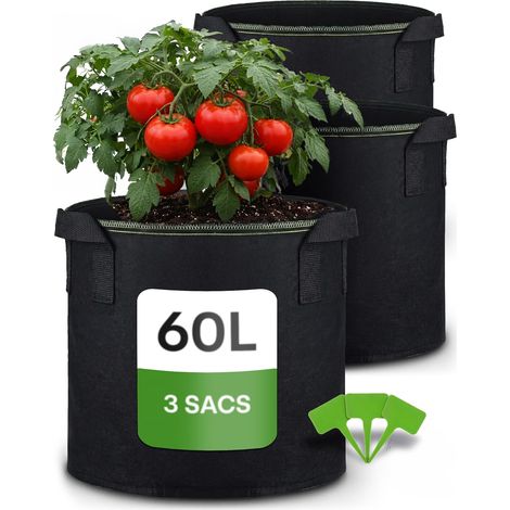 3 - Sac De Plantation - Sac De Culture - Avec Poignées Et Étiquettes - Pour Légumes Fleurs Et Fruits - Noir - 43x40cm