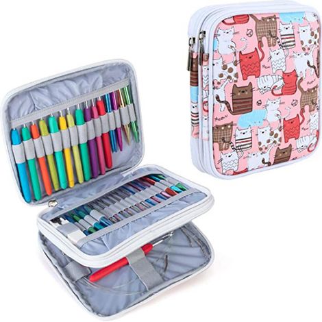 Étui à crochets de tricot vide, organisateur portable de voyage avec emplacements pour crochets et toiles - Chat coloré
