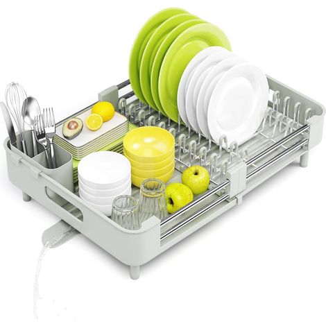 Égouttoir à vaisselle extensible en acier inoxydable pour plan de travail de cuisine, égouttoir avec porte-couverts amovible (1/5)
