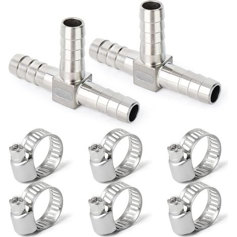 2 pièces 10mm en Acier Inoxydable Tuyau té barbelé, 3 Voies en Forme de T SUS 304 raccord de Tuyau avec 6 pièces Pinces (1/5)