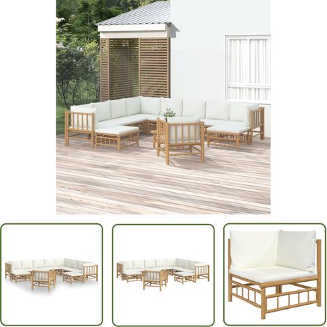 The Living Store Salon de jardin 12 pcs avec coussins blanc crème bambou - Salon De Jardin - Mobilier De Jardin - Ensemble De Salon - Meubles De Jardin - Bambou (1/5)