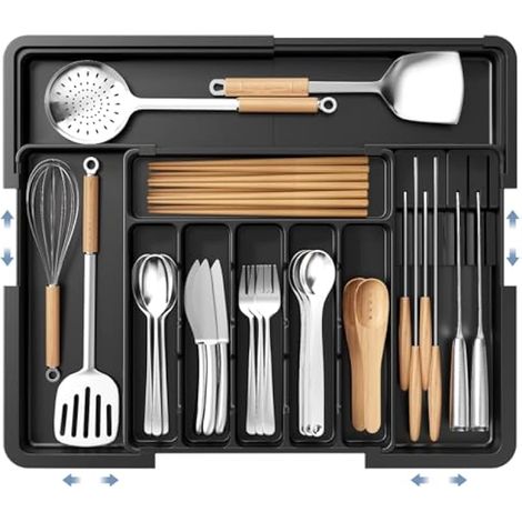 Rangement Couvert pour Tiroir, Range-Couvert Extensible Avec 2 blocs à couteaux amovibles 6 à 9 emplacements Rangement Couverts Tiroir Cuisine Extensible 33-53cm Pour cuillères fourchettes (1/5)