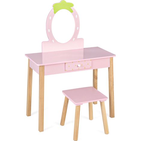 Coiffeuse enfant rose 2-en-1 en bois et MDF avec miroir amovible, tiroir et tabouret pour chambre et salle de jeux (1/5)