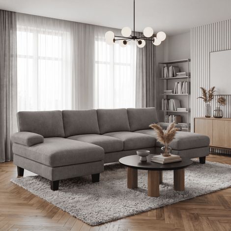 Canapé en U Bealife 4 Places en Velours Côtelé avec 2 Méridiennes 2 Coussins d'accoudoirs et 4 Coussins de Dossier Cadre en Bois et Métal pour Salon 271 x 122 x 86 cm Gris