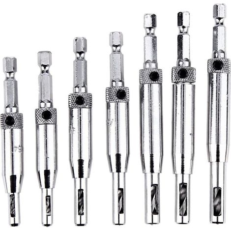 Selbstzentrierende Scharnierbohrer für Schranktüren – 7-teiliges HSS-Sechskant-Bohrerset mit 1/4"-Schaft, vorgeschnitten in den Größen 5/64", 7/64", 9/64", 11/64", 25/12", 7", 13/64" und 1/4". (1/4)