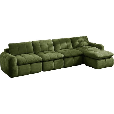 Sofá modular en L de 4 plazas en chenilla verde con chaise longue, sin montaje (1/5)