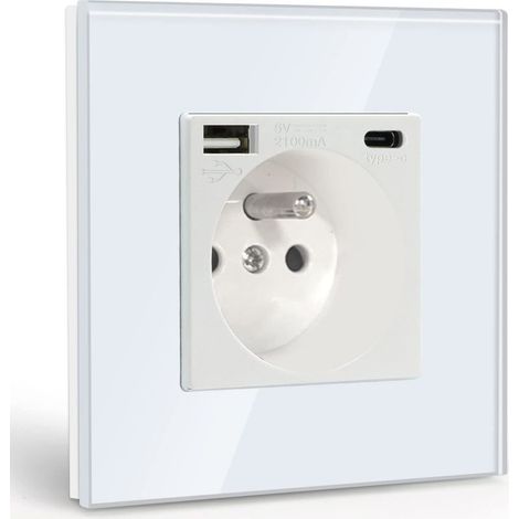 Wall Socket with USB and 1 Type-C, White AC with Crystal Panel, Wall Power Strip with USB (Max 2.1A), Suitable for Smartphones, Tablets (1/5)