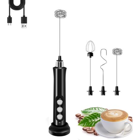 Frother À Lait Électrique Portable - 3 Vitesses Réglables - 3 Fouets Inox Détachables - Base De Chargement Intégrée - Rechargeable USB - Pour Café Et Boissons (1/5)