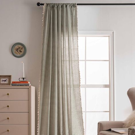 1 panneau de rideau semi-occultant en coton et lin à carreaux de style rustique pour chambre à coucher, salon, pompons - 150 x 220 cm - Vert (1/5)