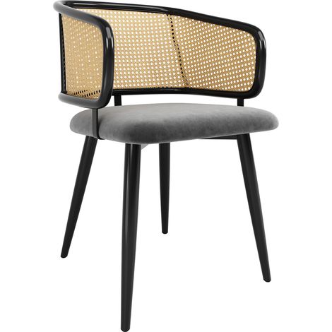 2er-Set Esszimmerstühle, Rattan-Rückenlehne, grauer Samtsitz, 47 x 51 x 79 cm MODENUIT (1/5)