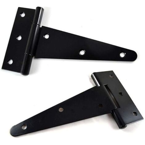 Charnières en T, charnières triangulaires galvanisées robustes, 10 cm, noires. Conviennent pour la fixation de portes de placard, de portails de jardin et de caisses en bois. Lot de 4. (1/4)