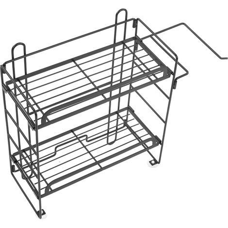 Étagère de rangement pour toilettes, en fer, murale, à 2 niveaux, pliable, avec crochets, pour salle de bain, noire. (1/5)