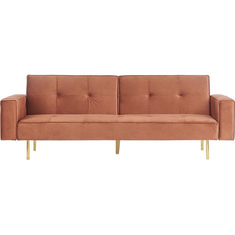 Sofá cama 3 plazas moderno de terciopelo marrón dorado con reposabrazos Visnes