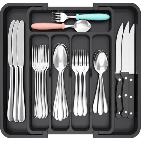 Noir Rangement Couvert pour Tiroir, Range Couvert Extensible, Organisateur Couverts Tiroir Cuisine, Boite Rangement, Bac Rangement Couvert Pour Cuillères, Fourchettes, Couteaux (1/5)