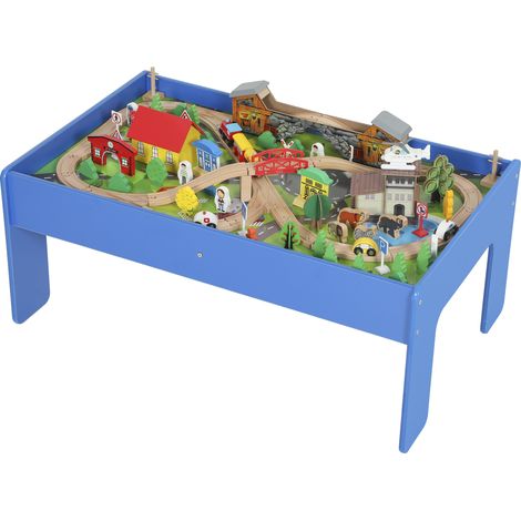 Table de jeu circuit train bois 108 pièces plateau amovible bleu 98 x 60,5 x 40 cm