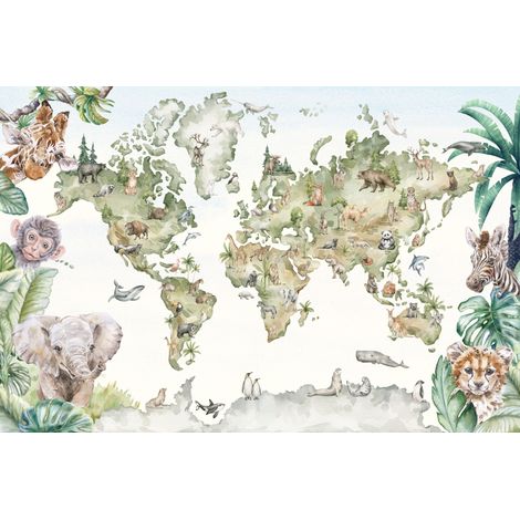 Kinderfototapete Weltkarte Safari Dschungel Wildtiere M111 300x200 (1/5)
