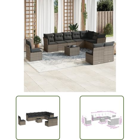 The Living Store 11-tlg. Garten-Sofagarnitur mit Kissen Grau Poly Rattan - Gartenmöbel Set - PE-Rattan Möbel - Outdoor Sofa - Esstisch - Lounge Garnitur (1/3)