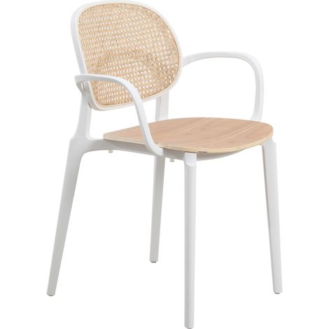 Sessel mit weißem Gestell, Holzsitz und natürlichem Rohr