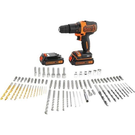 Akku-Schlagbohrmaschine - 18V - BLACK+DECKER - BDC718AS2F-QW - 2 Batterien - Ladegerät - Koffer + 80 Zubehörteile