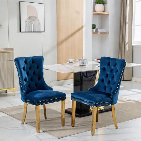 Chaises de salle à manger en velours bleu avec pieds dorés lot (1/5)