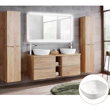 Badmöbelset mit Doppel-Waschtisch inkl. 2 Keramik-Aufsatzbecken TOSKANA-56 Wotaneiche Nb. inkl. LED-Touch-Spiegel, BxHxT ca. 250/190/46cm (1/5)