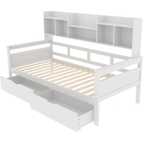 Canapé-lit 90 x 200, tiroirs et étagères, sommier à lattes, lit enfant, lit junior, lit simple, lit en bois massif, blanc