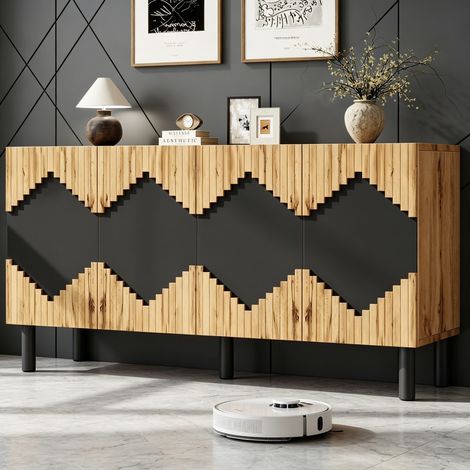 Buffet moderne à 2 portes avec compartiments, motif losanges, en panneaux de particules robustes et MDF, supportant jusqu'à 50 kg, idéal pour le salon, la salle à manger ou l'entrée, dimensions : 140 (1/4)