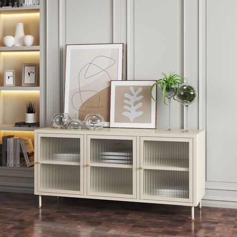 Mobile TV in Acciaio Lindau con Vetrina 120x40x59 cm Bianco Crema [en.casa]
