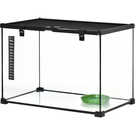 Terrarium reptile avec couvercle coulissant en treillis métallique et thermomètre intégré (1/5)