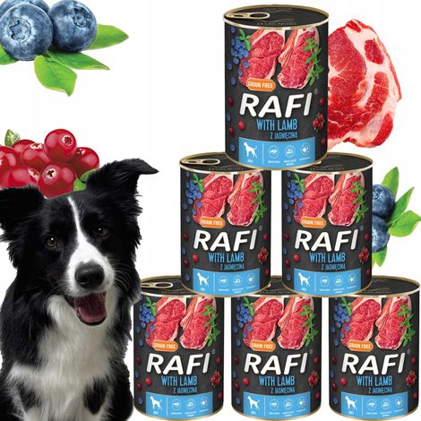Aliment humide pour chiens RAFI à l'agneau, aux myrtilles et aux canneberges 400g - 6 pièces. (1/5)