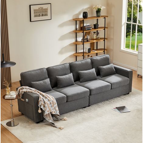 Divano 4 posti in tessuto effetto lino grigio scuro con tasche portaoggetti - CHICFURN (1/5)