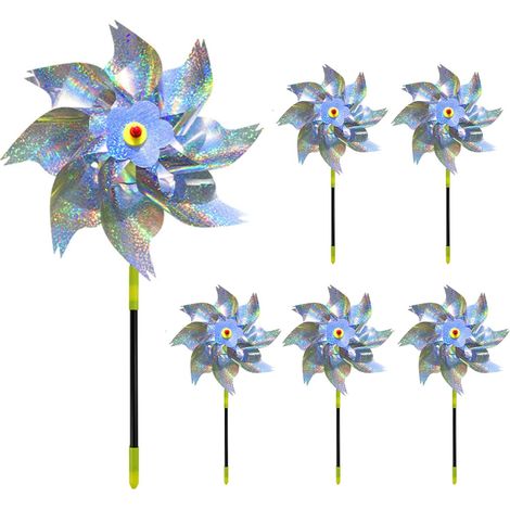Lot de 6 moulins à vent réfléchissants anti-pigeons avec piquets, girouettes scintillantes pour jardin (1/5)