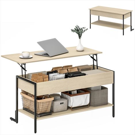 Table basse industrielle relevable avec compartiment caché et étagère, MDF imitation bois naturel et métal noir, 95x40 cm (1/5)