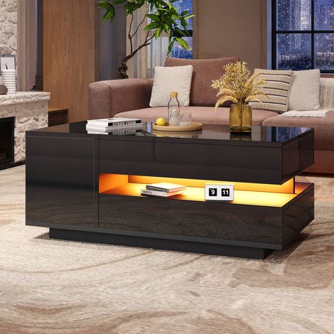 Table basse relevable 955040cm, table de salon, table d'appoint, table à café avec 1 tiroir, 1 armoire, table de canapé avec LED, table à thé brillante avec rangement caché, avec rangement semi-ouvert (1/3)