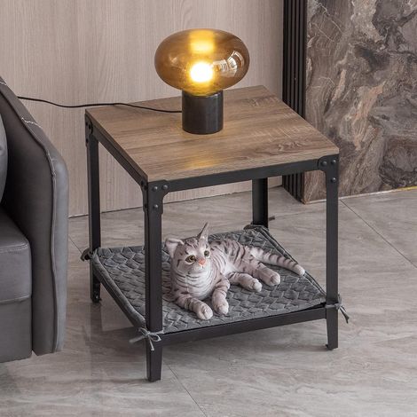 2-in-1 side table with pet bed, industrial metal frame, wooden top and velvet pet fabric, living room, bedroom (1/5)