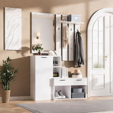 Meuble d'entrée blanc avec miroir penderie et rangement en MDF (1/5)