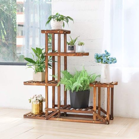 Blumenständer Holz Blumentreppe mit 5 Ebenen Pflanzenregal Blumenregal, mehrstoeckig Blumentreppe für Balkon Garten, 96x95x25cm