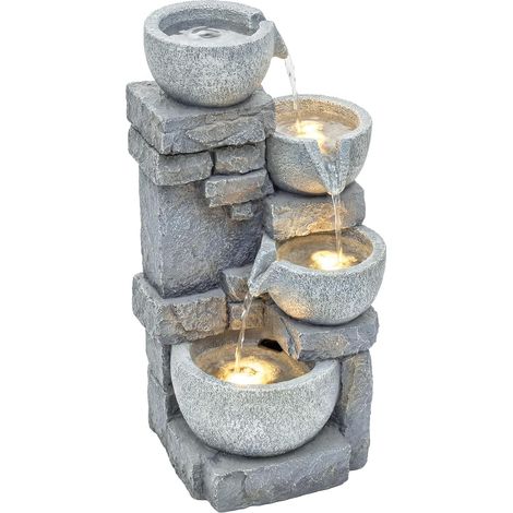 Fontaine de Jardin Cascade 4 Niveaux - Décoration Effet Pierre et Brique avec Éclairage LED - Pompe à Eau Réglable pour Terrasse, Balcon et Salon (54,5 cm), Gris (1/5)